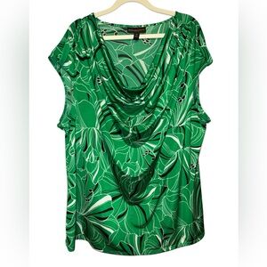 Dana Buchman Woman Green, Black & White Drape Neck Floral Blouse size 2X EUC‎